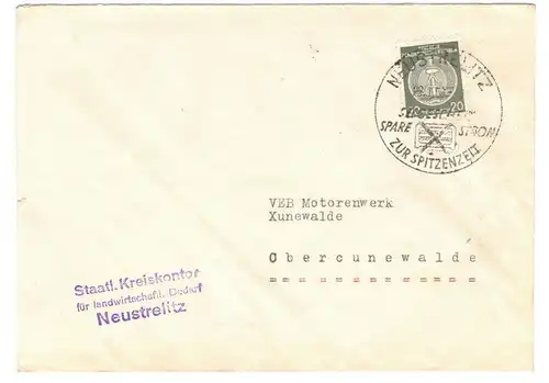 Brief 1958 Kreiskontor landwirtschaftlicher Bedarf Neustrelitz