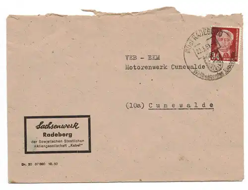 Firmen Brief 1951 Sachsenwerk Radeberg nach Cunewalde