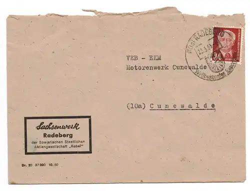 Firmen Brief 1951 Sachsenwerk Radeberg nach Cunewalde 