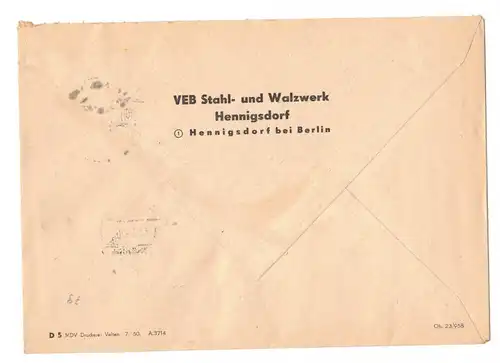 Brief Behördenpost Berlin 1951 Stempel Einheit Frieden Nationale Front