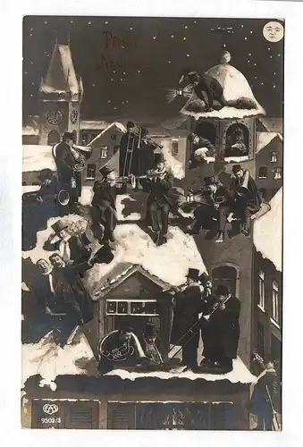 Künstlerkarte Ak Winter 13.12.1914 Winter Musikanten auf den Dächern Neujahr