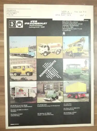 Heft DDR VEB IFA Kombinat Transporttechnik auf der Leipziger Messe 1984 Heft Aug