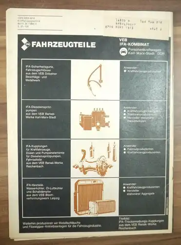 April 1984 Kraftfahrzeugtechnik IFA Fahrzeugteile Thema Kraftstoffeinsparung WAS