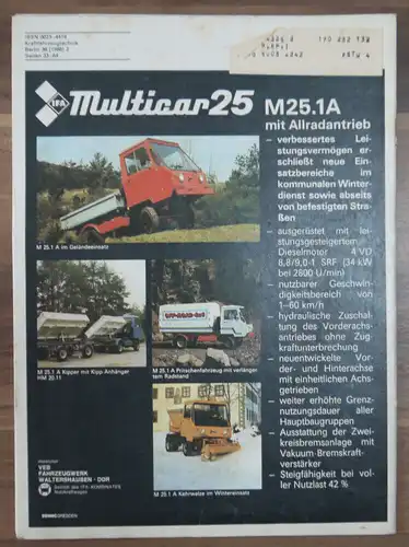 Kraftfahrzeugtechnik Heft Februar 1986 KFT Multicar 25 VEB Verlag DDR Zeitschrif