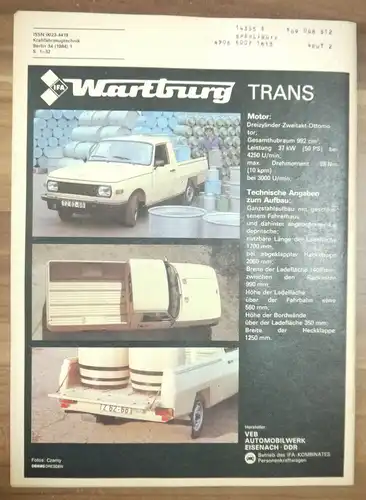KFT Wartburg Trans Januar 1984 Vergleichstest Lada Schubabschaltung Heft DDR