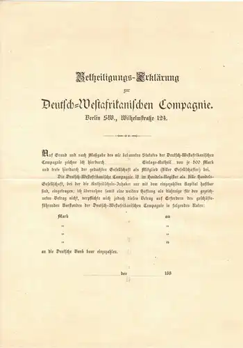 Dokument Deutsch Westafrikanische Kompagnie Berlin Beteiligung Erklärung 1880er