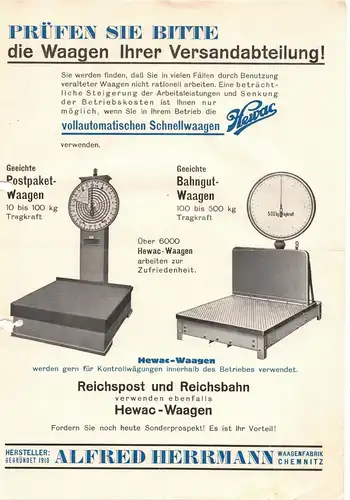 Waage Alfred Herrmann Chemnitz Werbeblatt Reklame 1930er