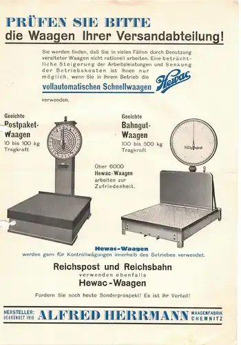Waage Alfred Herrmann Chemnitz Werbeblatt Reklame 1930er 
