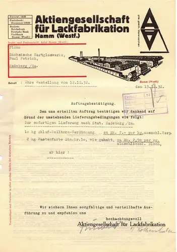 Rechnung Aktiengesellschaft für Lackfabrikation Lackfabrik Hamm Westfalen 1932 