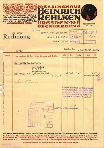 Messinghaus Heinrich Rehlken Dresden N6 1936 Rechnung