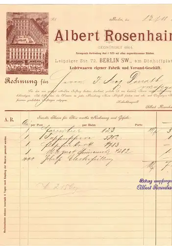 Albert Rosenhain Berlin SW 1891 Lederwaren Litho Rechnung