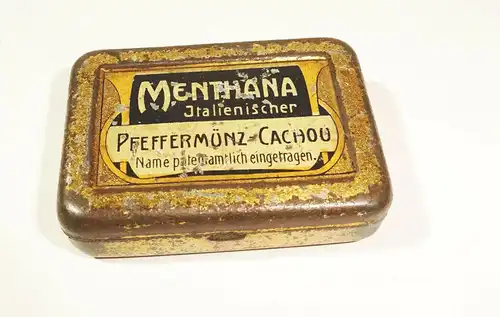 Alte kleine Blechdose Menthana Italienischer Pfeffermünz Cachou um 1900 Miniatur