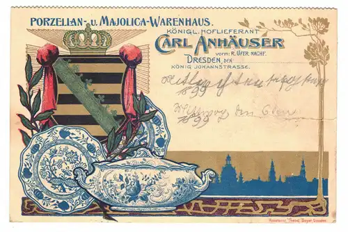 Jugendstil Litho Ak Porzellan - u Majolica Warenhaus Carl Anhäuser Dresden 1899 