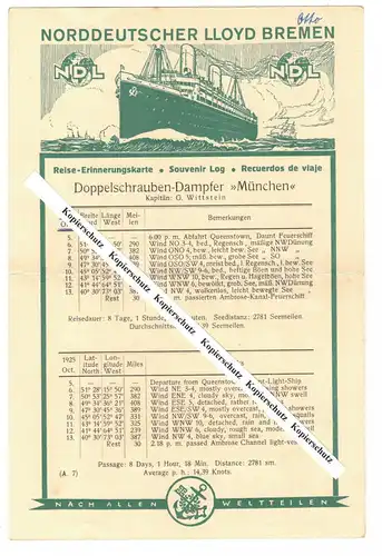 Norddeutscher Lloyd Bremen Reise Erinnerungskarte Dampfer München 1925 ! (D6