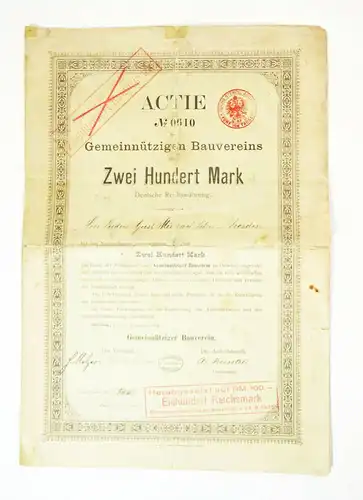 Aktie No 0610 Gemeinnütziger Bauverein Dresden 200 Mark 1888 ! (D8