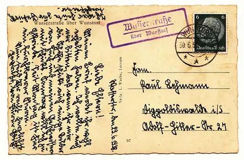 Ak Wasserstraße über Wunstorf Stempel Gasthaus Kaufhaus Stadtländer 1938 (A3258