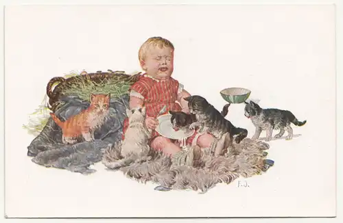 Künstler Ak kleine bube mit Katzen cats F.J. signiert um 1920 (A3094