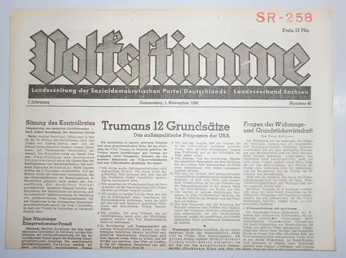 Zeitung Oktober 1945 Volksstimme Landeszeitung der SPD Sachsen Nr 43 Truman