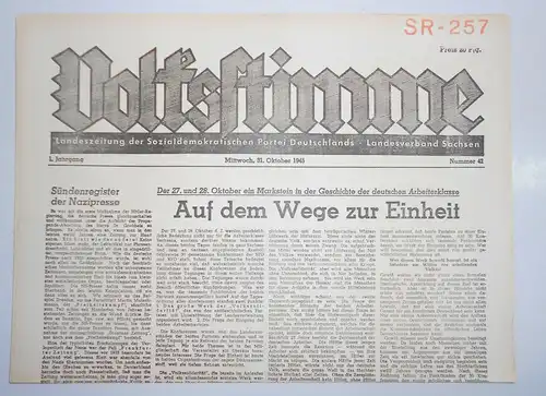 Zeitung Oktober 1945 Volksstimme Landeszeitung der SPD Sachsen Nr. 42