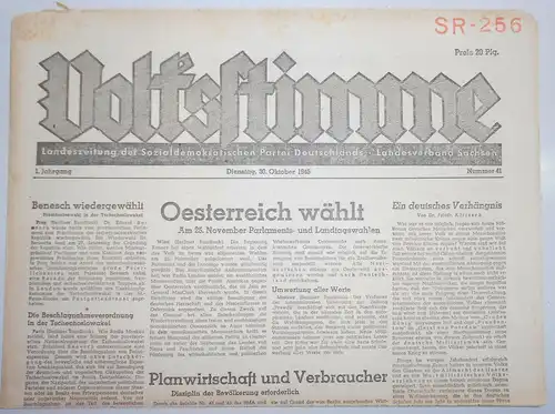 Zeitung Oktober 1945 Volksstimme Landeszeitung der SPD Sachsen Nr. 41