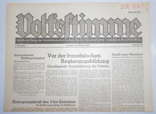 Zeitung Oktober 1945 Volksstimme Landeszeitung der SPD Sachsen Nr. 40
