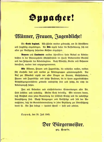 Aushang Oppach 1945 Helft & Arbeitet Aufruf Bürgermeister Hapke !