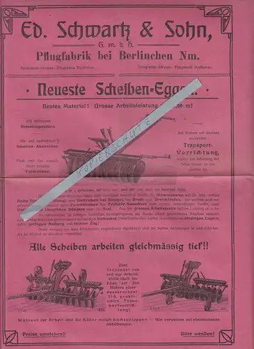 Werbe Blatt Schwartz Sohn Pflugfabrik bei Berlinchen Neumark um 1900er  D7