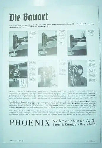 Prospekt Phoenix Schneider Nähmaschine 1935 Baer & Rempel Bielefeld ! (D