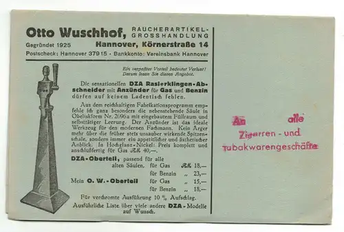 Reklame Drucksache Otto Wuschhof Raucherartikel Hannover 1930er (D6