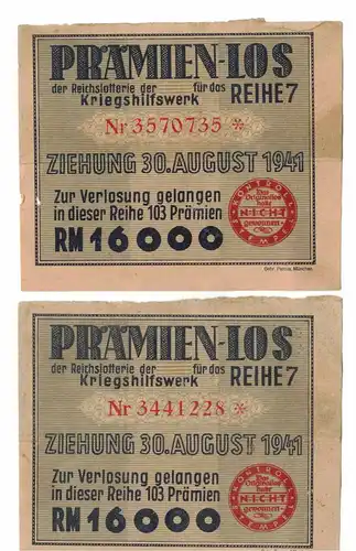 2 x Prämien Los Lotterielos 1941 Reihe 7 KHW ! (D7