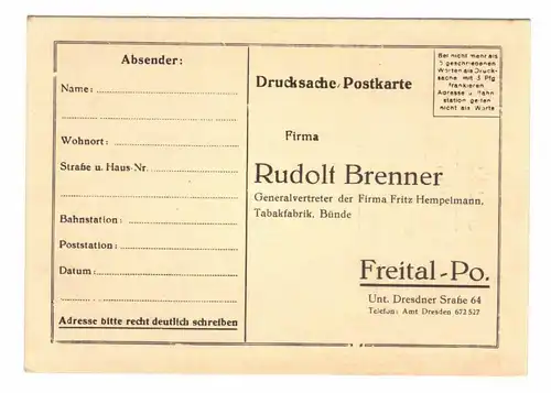 Drucksache Postkarte Hempelmann Tabak Brenner Freital - Po. 1930er (B7