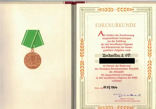 Volkspolizei Urkunde Medaille für ausgezeichnete Leistungen MdI 1964 Dickel (H10