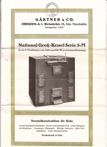 2 x Prospekt Gärtner & Co Dresden A1 National Kessel Ofen Hochleistungsofen 1928