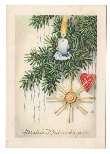 Künstler Ak Kerzenschein Tannenzweig Weihnachten WM signiert 1954