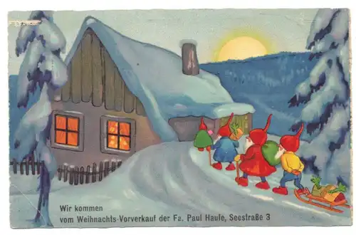 Reklame Ak Paul Haufe Dresden Zwerge Weihnachten Vorverkauf 1930er
