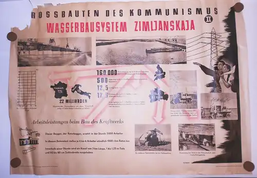 DDR Plakat Stalinsche Großbauten Wasserbausystem Zimljanskaja Agitation 1952