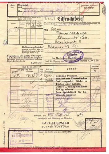 Eil Frachtbrief Foerster Bornum Potsdam Chemnitz 1932 lebende Pflanzen