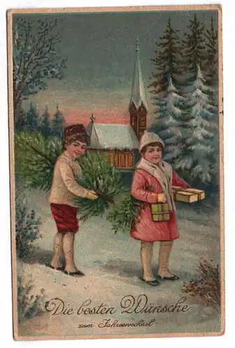 Ak Kinder holen Tannenbaum und Geschenke Neujahr 1920
