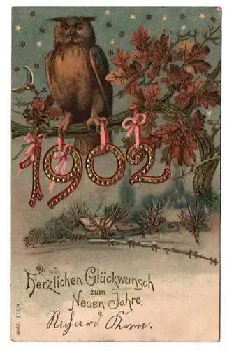 Neujahr Ak Uhu sitzt auf Baum 1902