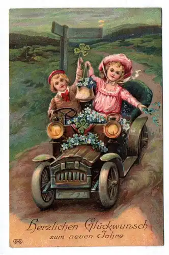 Präge Ak Kinder fahren Automobil Neujahr 1910 geprägt