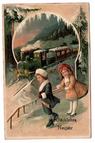 Ak Kinder mit Eisenbahn Wintermotiv 1912 geprägt
