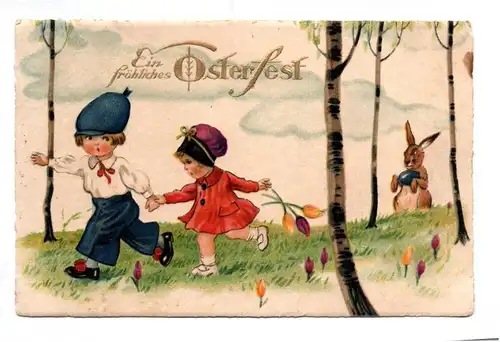 Ak Kinder fliehen vor Osterhasen 1932 fröhliche Ostern