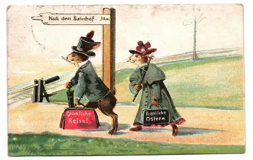 Ostern Ak vermenschlichte Hasen wandern mit Koffern 1914