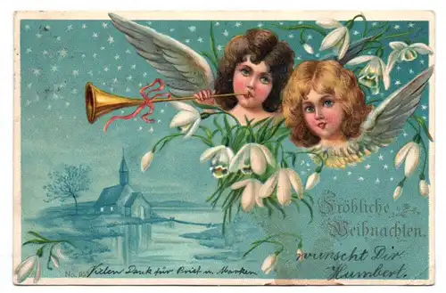Ak Engel mit Posaune Schneeglöckchen Fröhliche Weihnachten 