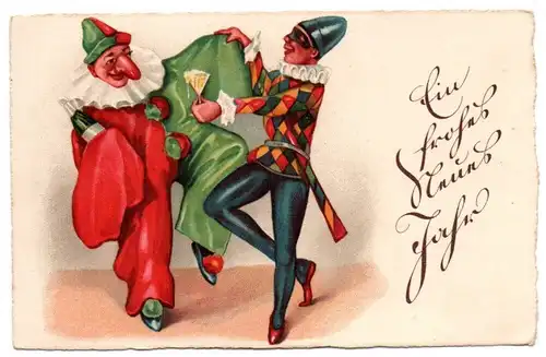 Litho Ak frohes Neujahr Harlekin Fasching Karneval Kostüme