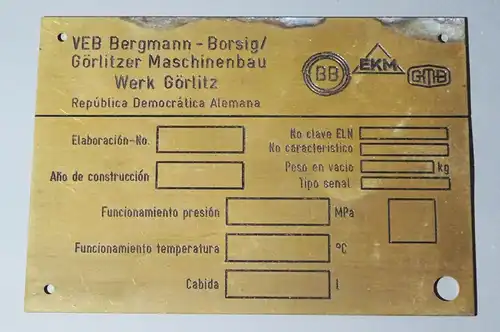 Altes Typenschild VEB Bergmann Borsig Görlitzer Maschinenbau Werk Görlitz 