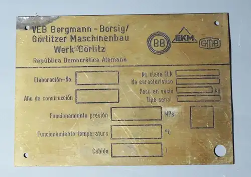 Altes Typenschild VEB Bergmann Borsig Görlitzer Maschinenbau Werk Görlitz