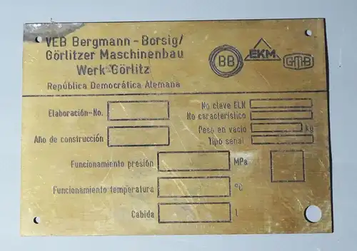 Altes Typenschild VEB Bergmann Borsig Görlitzer Maschinenbau Werk Görlitz 