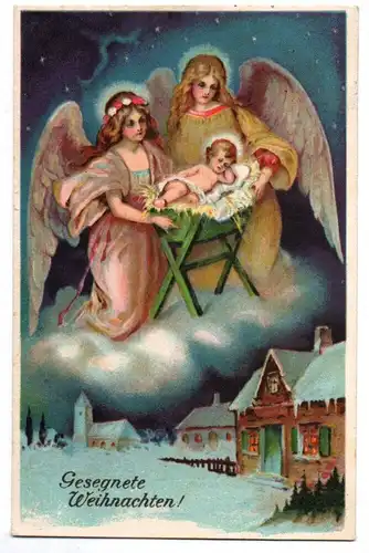 Postkarte Gesegnete Weihnachten Engel mit Jesuskind 1930er