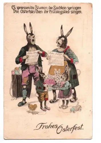 Künstler Ak vermenschlichte Hasen singen Frohes Osterfest 1912